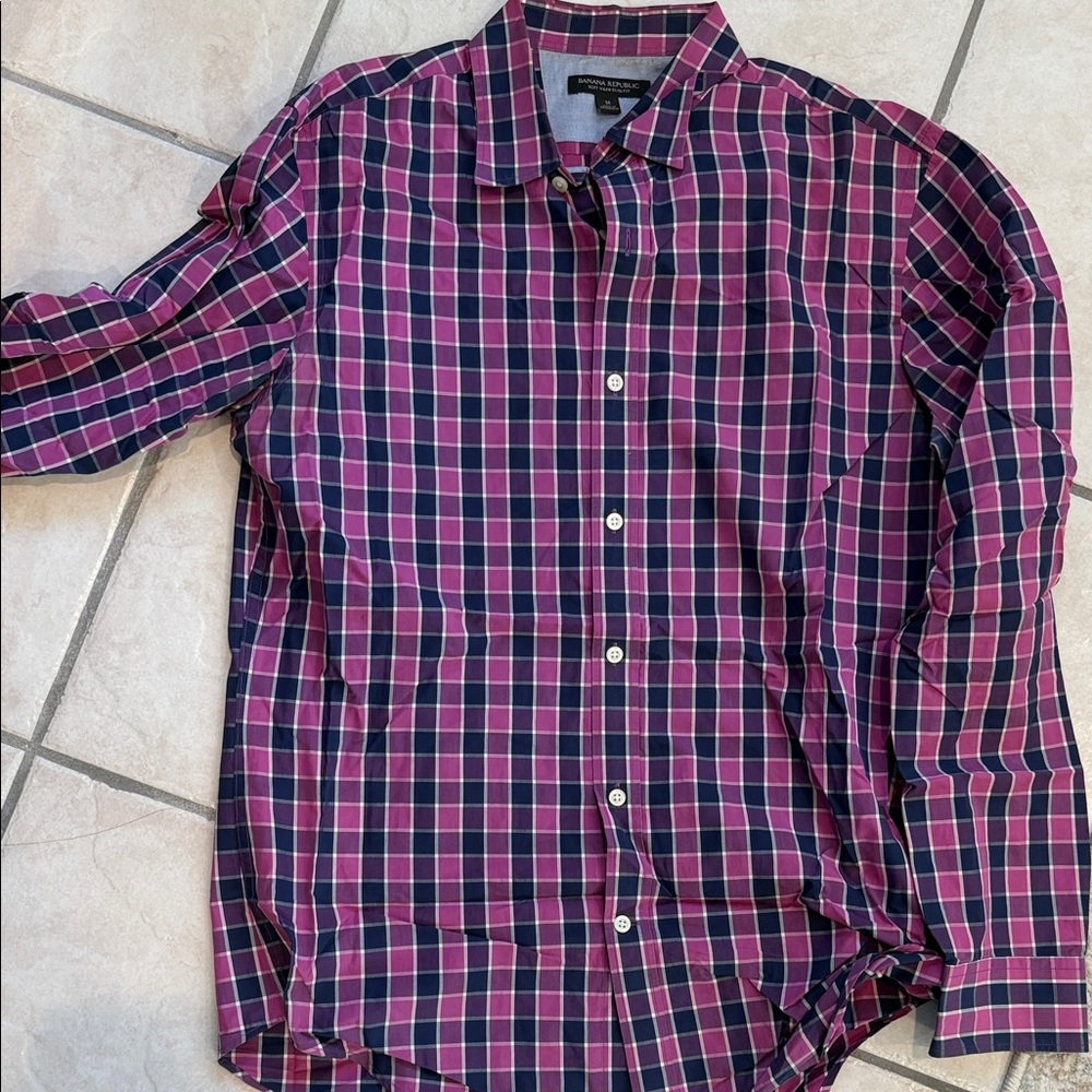 Banana Republic Men’s Purple and Navy Plaid Button-Down Shirt